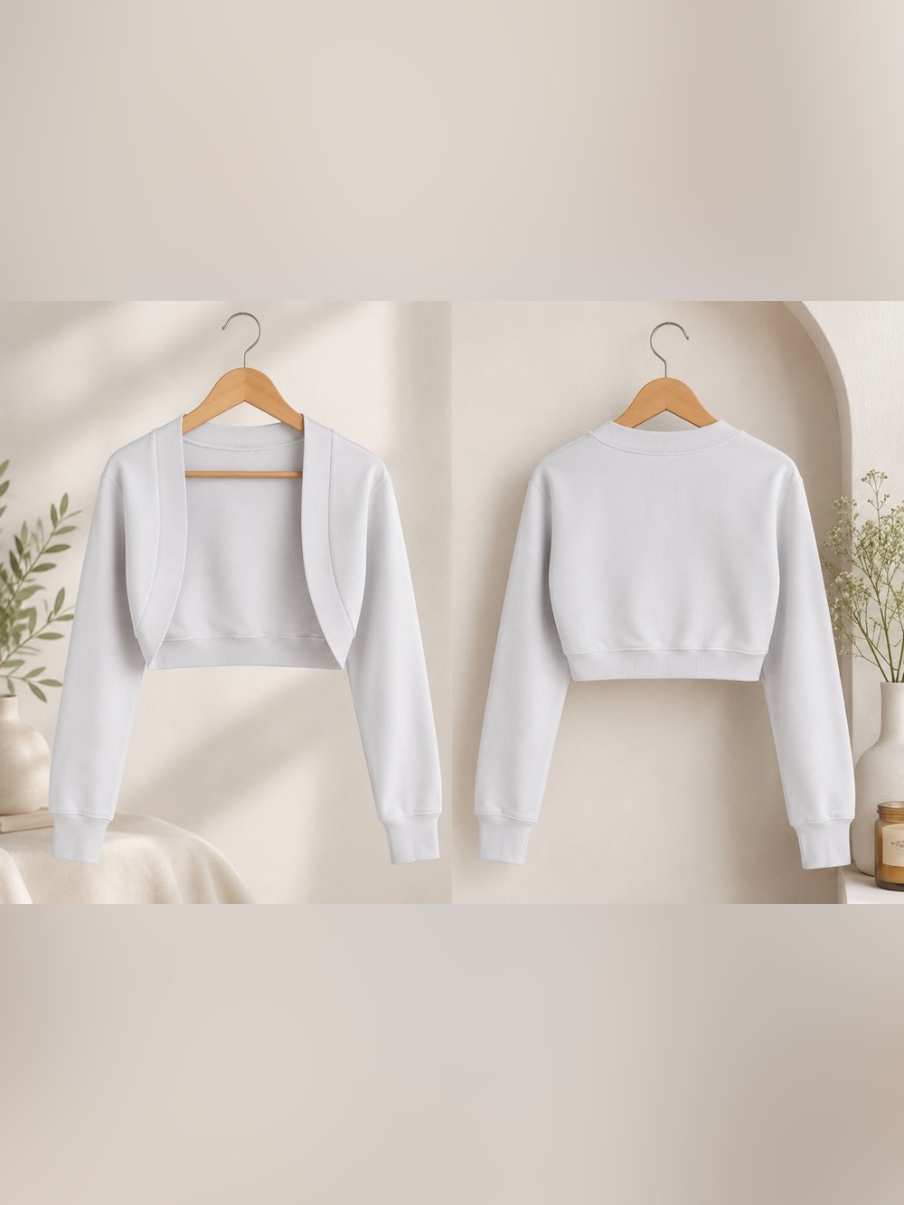 White Cropped Open-Front Shrug Sweatshirt with Thumbholes - Size S